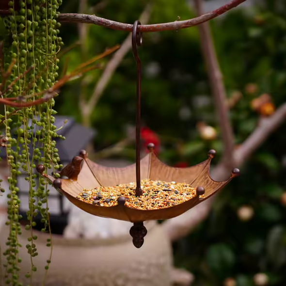 Umbrella-Shaped Hanging Bird Feeder Tray For Outdoors Metal Bird Bath Pond Or Drinker